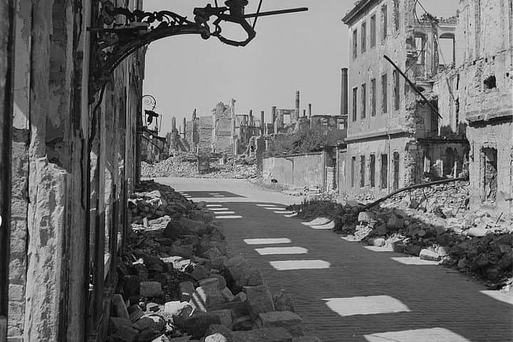 A ruined Dresden street photographed after the February 1945 bombing
