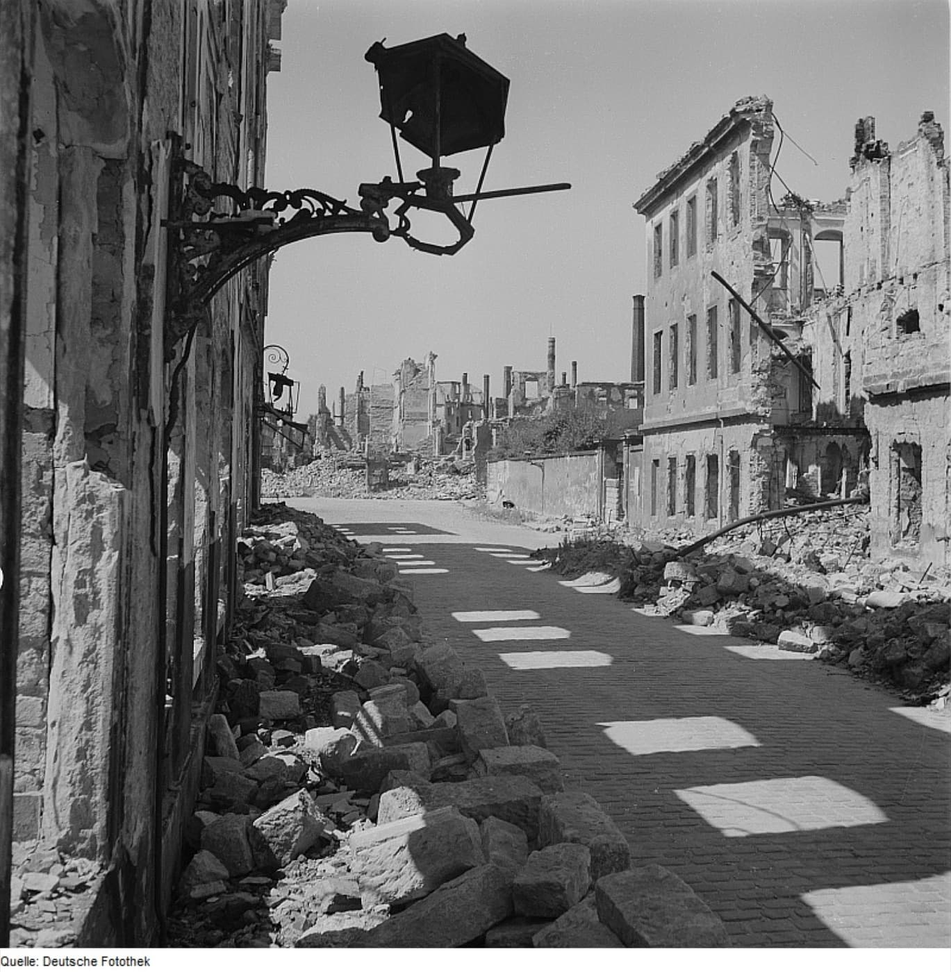 A ruined Dresden street photographed after the February 1945 bombing