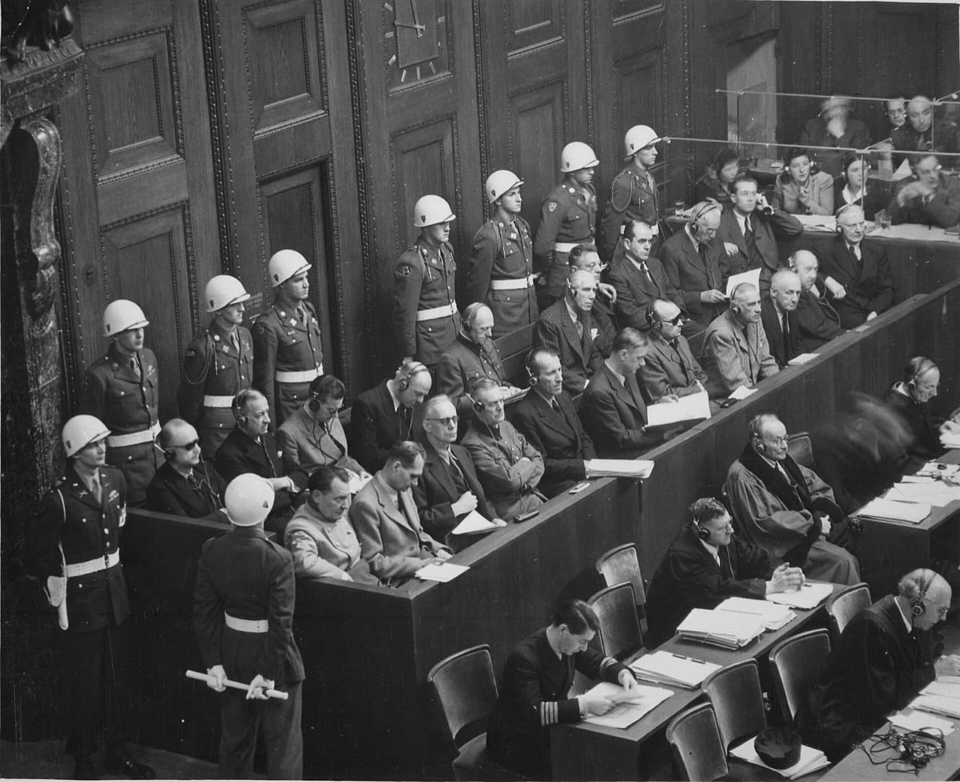 The defendants’ dock at the Nuremberg trials in 1945 or 1946