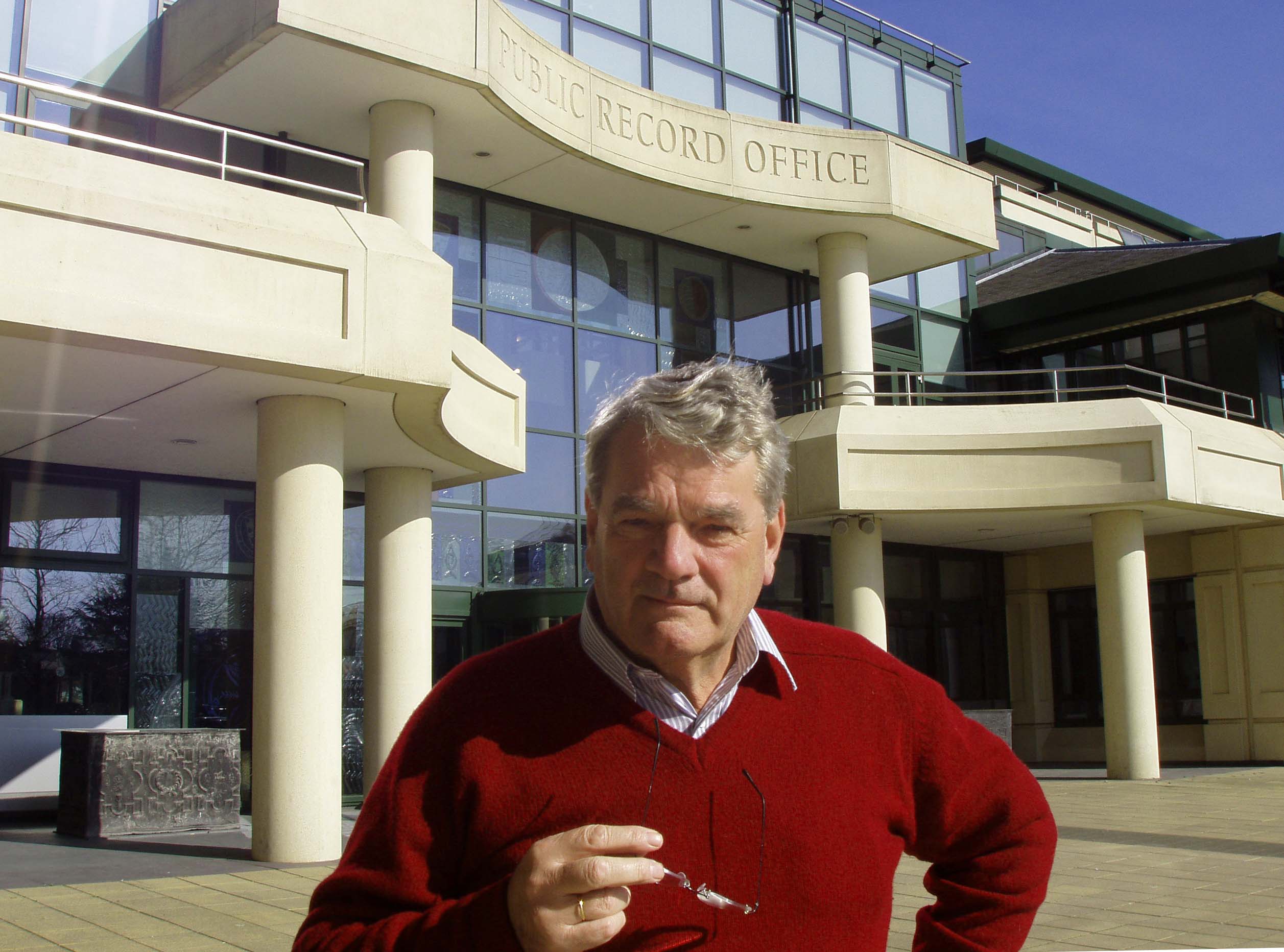 David Irving at 65, outside the Public Record Office, March 2003